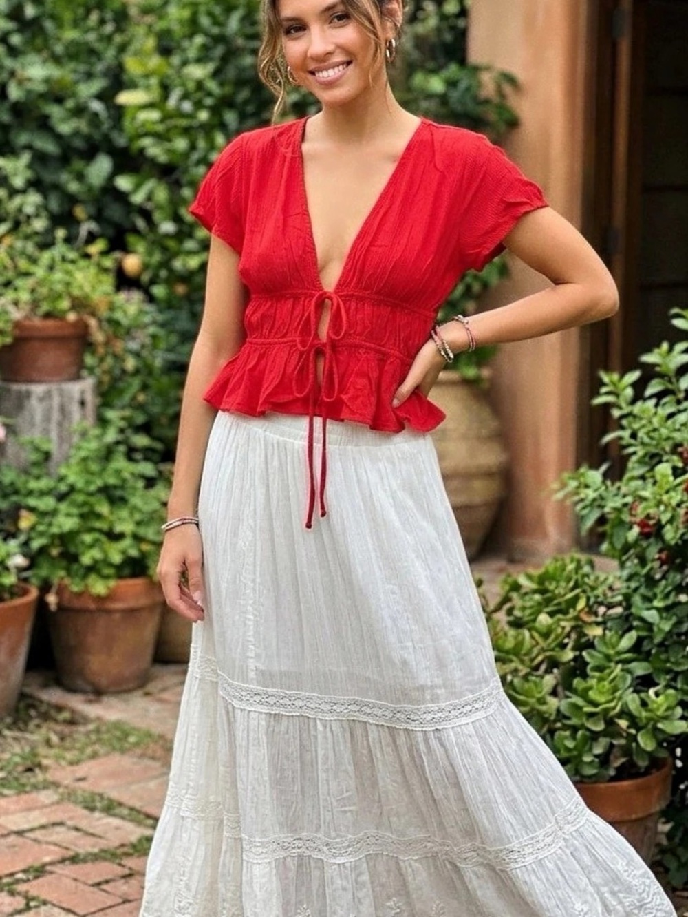 GUESS Red Tie-Front Crop Top Red Blouse Small